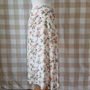 Vtg 90s JM Studio Floral Maxi Skirt White Pink Green Bohemian 100% Silk